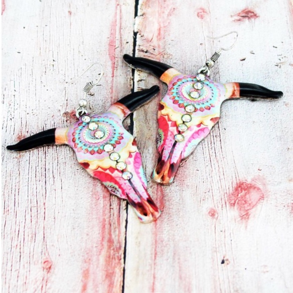 Crystal Mandala Steer Head Earrings